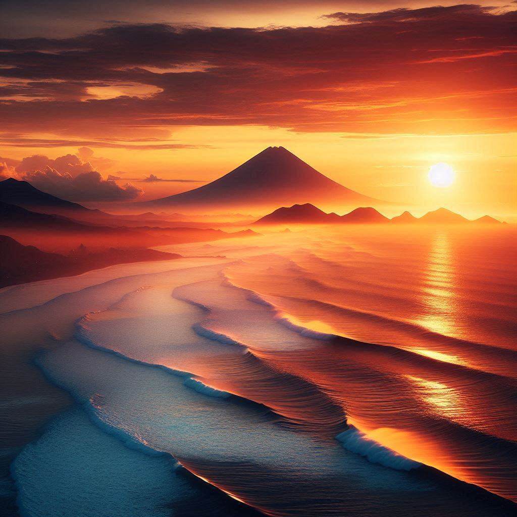 Sereno amanecer sobre el océano Pacífico con un volcán en la distancia, simbolizando la conexión de El Salvador con la tierra y el mar