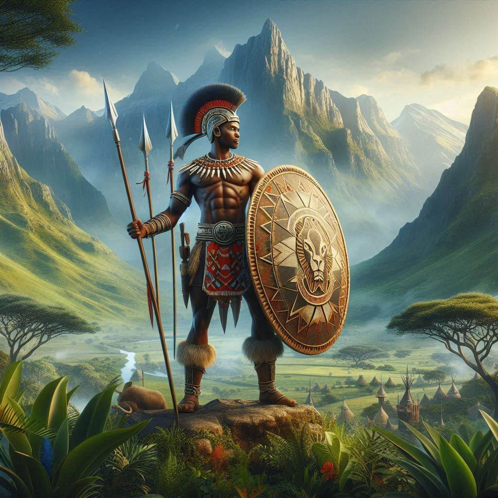 A powerful warrior with traditional Swazi attire, holding shield and spears, surrounded by breathtaking Southern African landscape