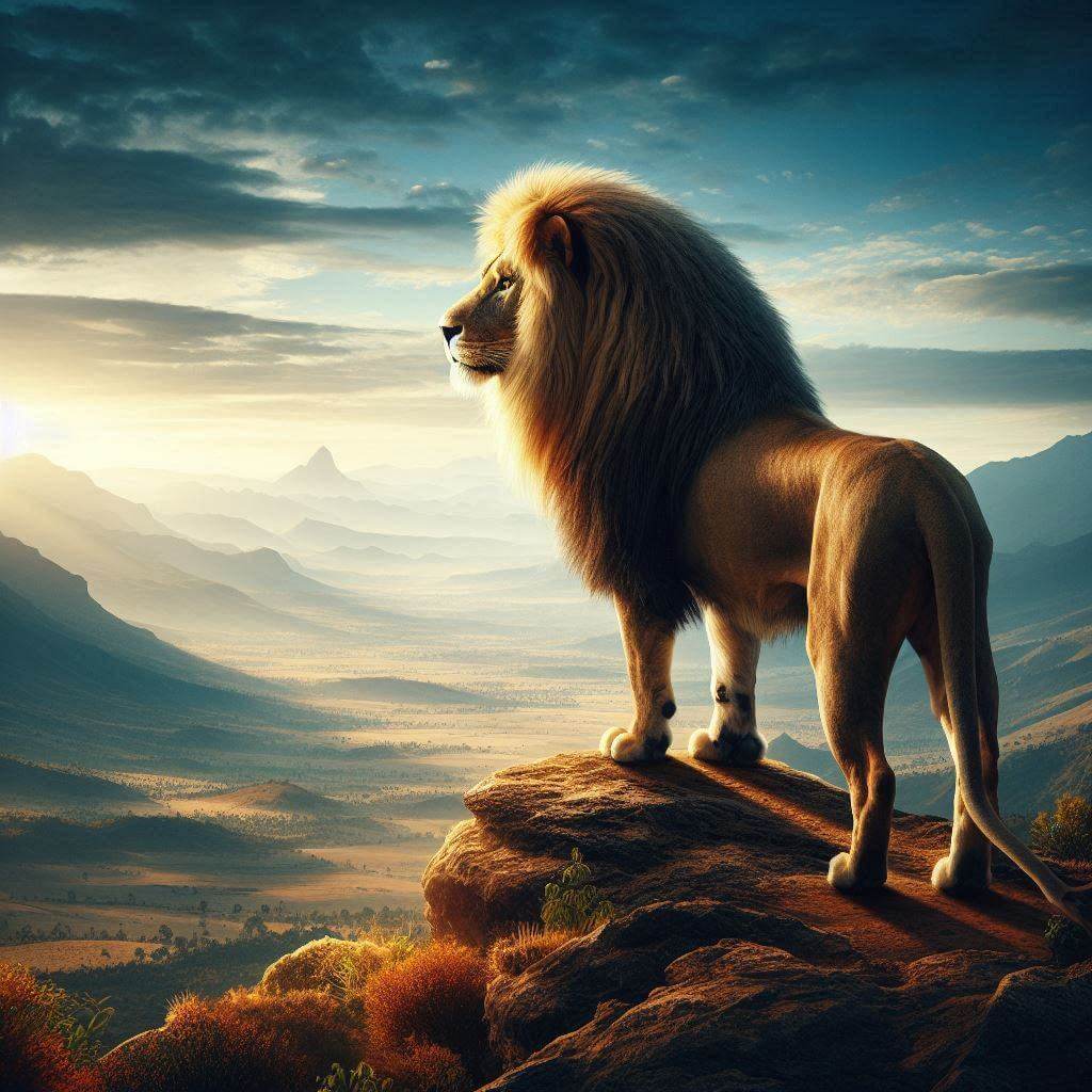 Majestuoso león de pie en una montaña con vistas a las vastas llanuras de Etiopía, simbolizando la rica historia, diversidad cultural y futuro aspirante del país