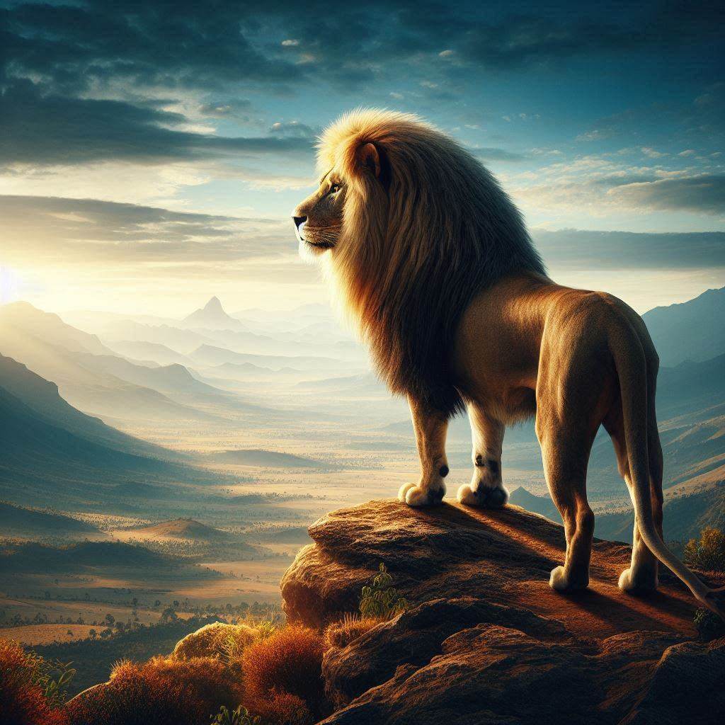 Majestic lion standing on a mountain overlooking the vast plains of Ethiopia, symbolizing the country's rich history, cultural diversity, and aspiring future