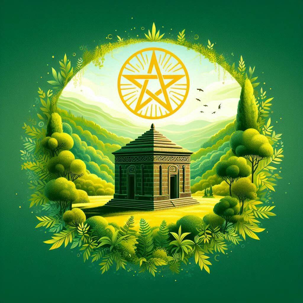 Antiguo templo etíope rodeado de vegetación exuberante, simbolizando el compromiso de Etiopía con la sostenibilidad ambiental, la paz y la armonía