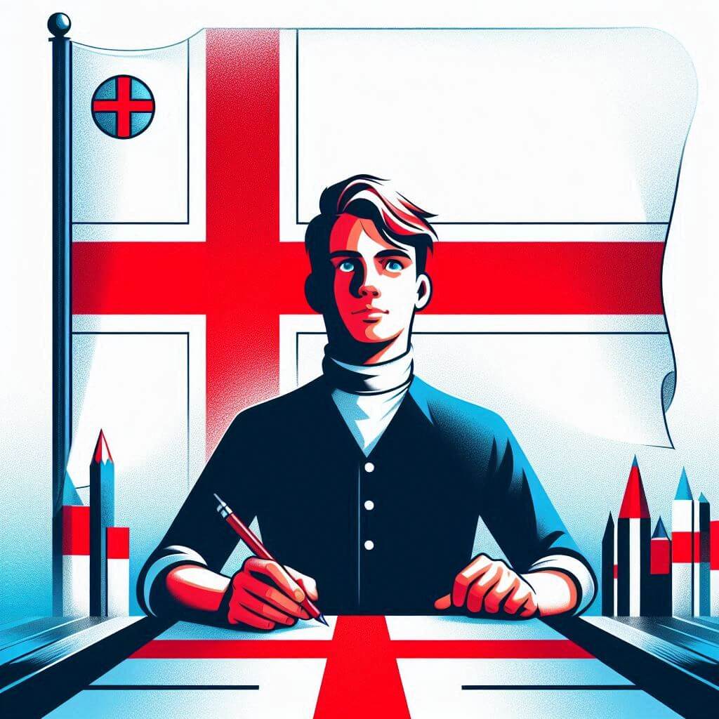 Illustration of Jens Oliver Lisberg, the young designer of the Faroese flag, standing in front of a white background with a red Nordic cross and blue border