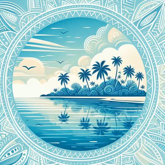 Ilustración vibrante de una isla tropical de Fiji, mostrando la diversidad cultural y belleza natural