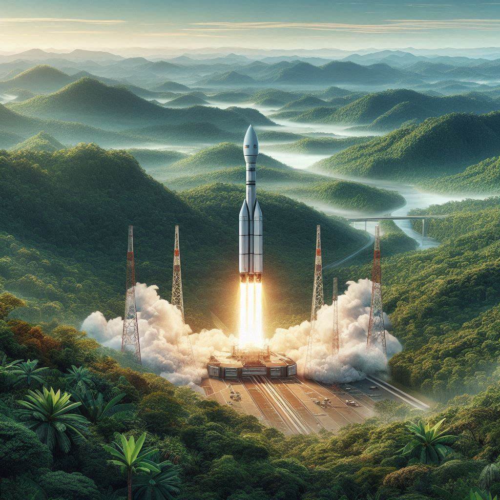 A rocket launching from the Guiana Space Centre amidst the Amazon rainforest, showcasing French Guiana's unique identity