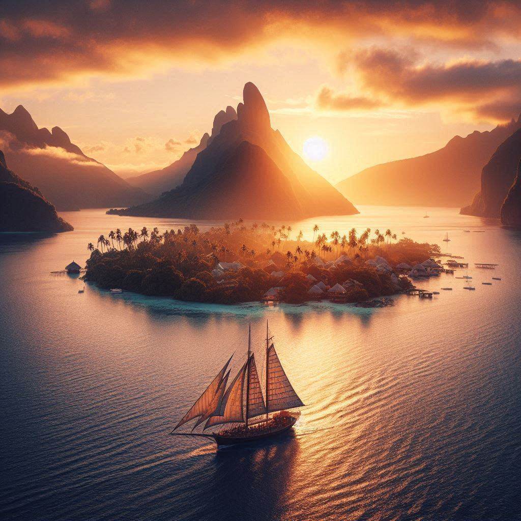 Majestuosa va'a navegando al frente, simbolizando el patrimonio cultural de la Polinesia Francesa