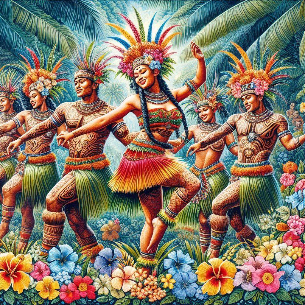 Actuación vibrante de danza tahitiana, mostrando el tradicional baile 'ori tahiti y disfraces, capturando la identidad cultural de la Polinesia Francesa