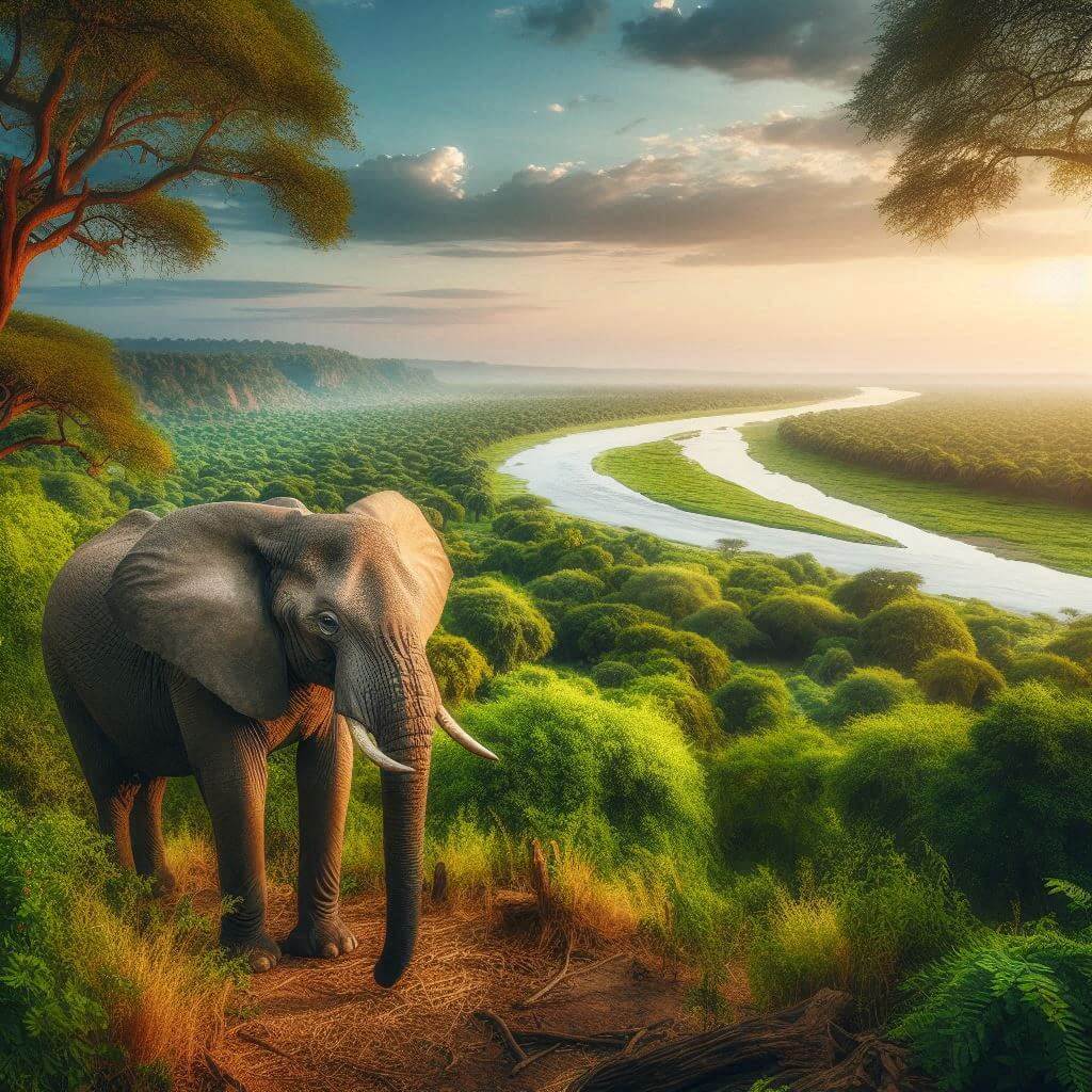 Una escena serena de la belleza natural de Gambia, simbolizando el rico ecosistema y biodiversidad del país