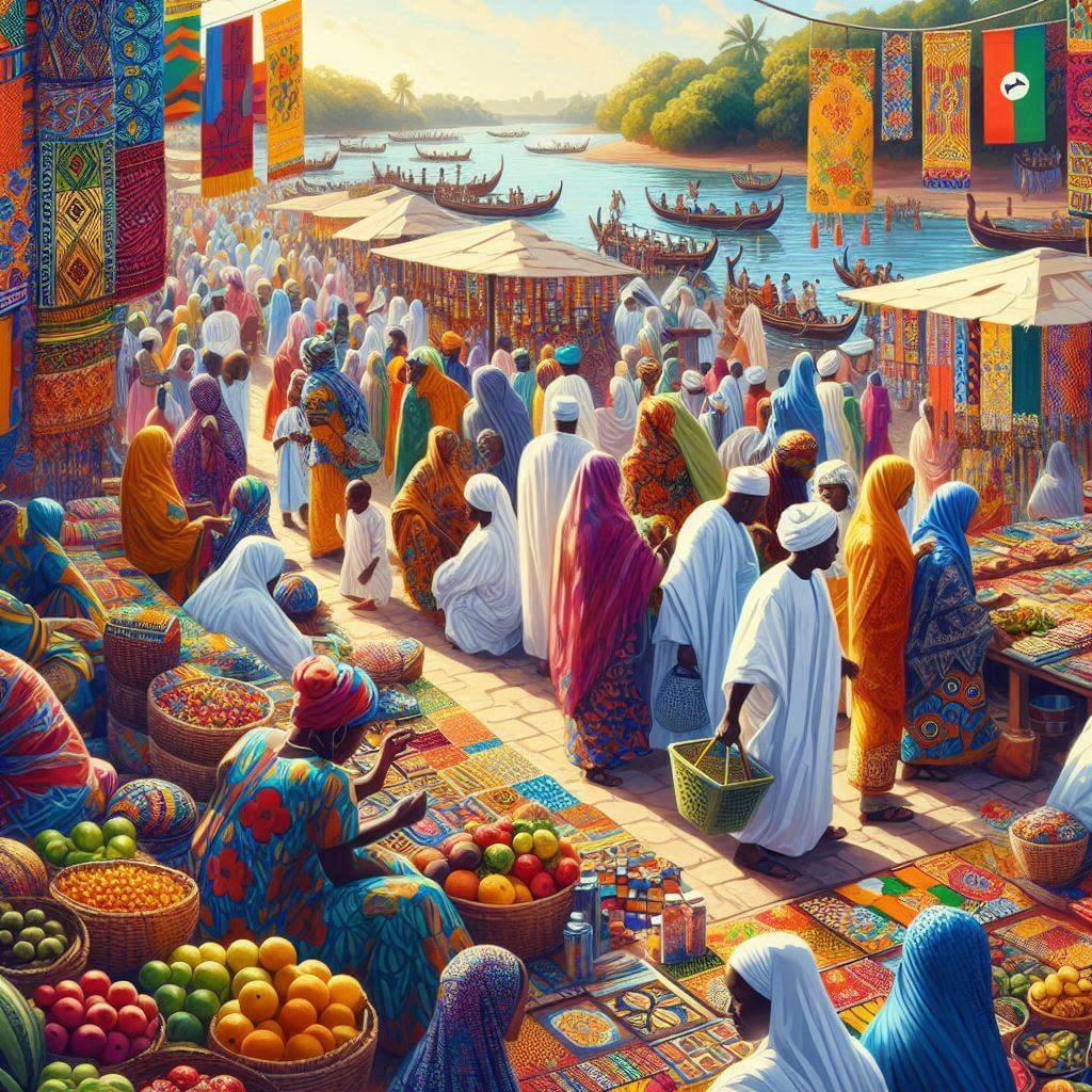 Una animada escena de mercado en Banjul, capturando la esencia del tapiz cultural de Gambia y el orgullo nacional