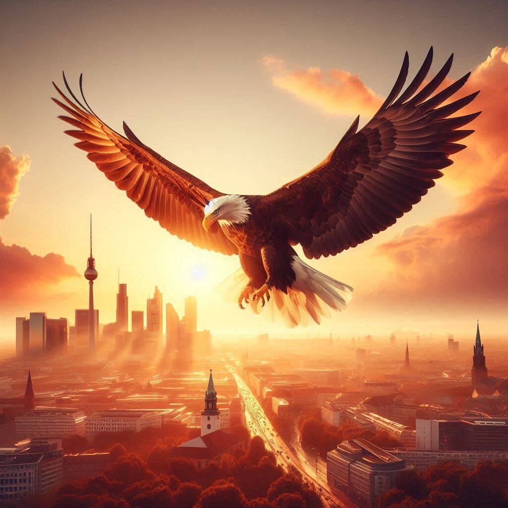 Un poderoso águila extiende sus alas sobre el paisaje urbano de Berlín al atardecer, representando la fuerza y unidad de Alemania