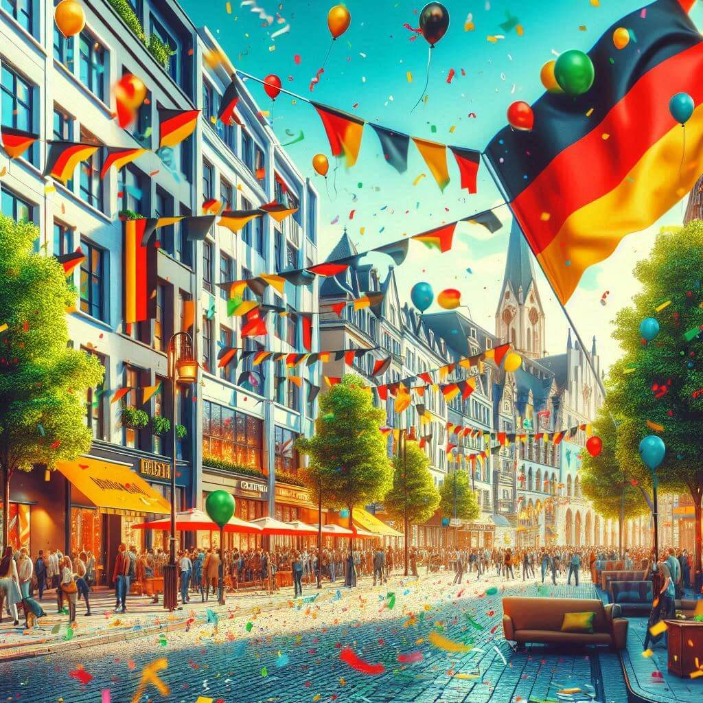 Una celebración callejera colorida en Alemania, con confeti y globos en negro, rojo y dorado, destacando la diversidad cultural y la alegría del país