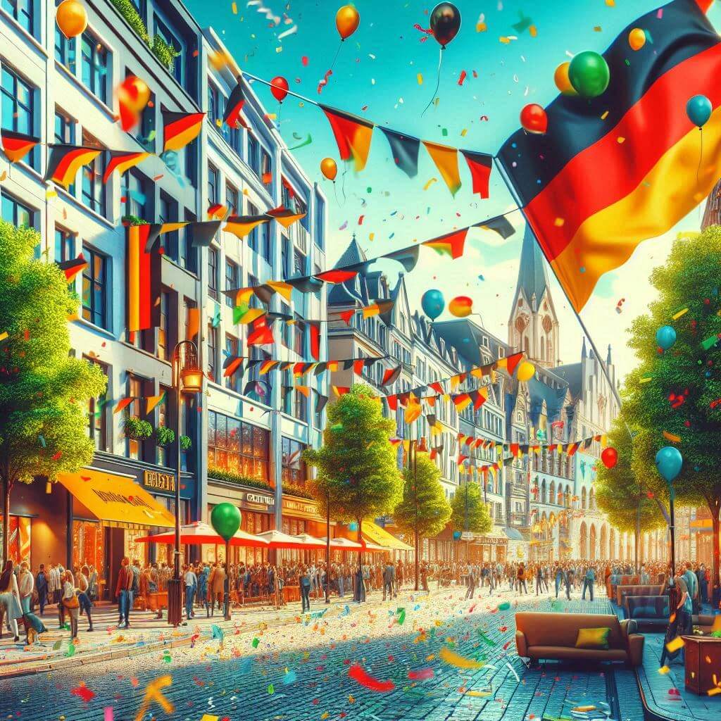 A colorful street celebration in Germany, featuring confetti and balloons in black, red, and gold, highlighting the country's cultural diversity and joy