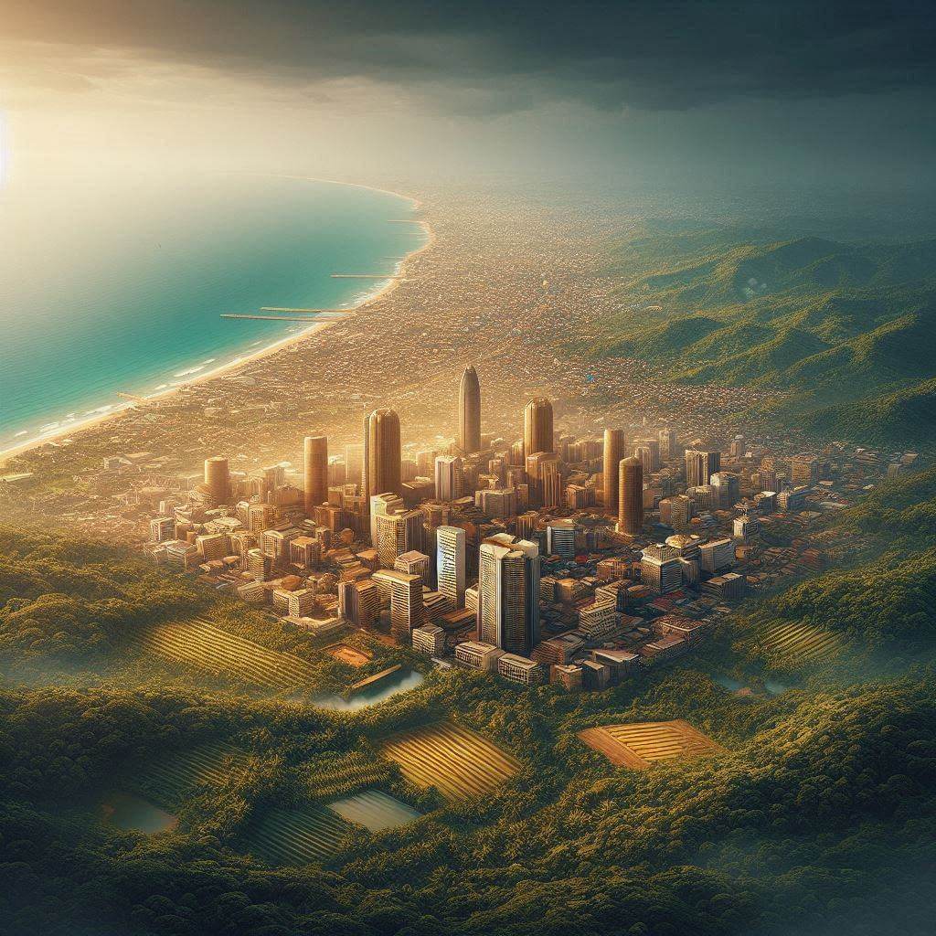 Escenario vibrante de los frondosos bosques y plantaciones de cacao de Ghana, destacando el compromiso del país con la sostenibilidad ambiental y la riqueza natural