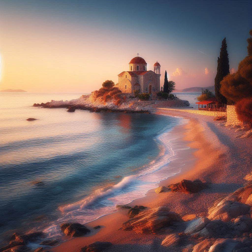 Mediterranean coastline at dawn with a Greek Orthodox church in the background