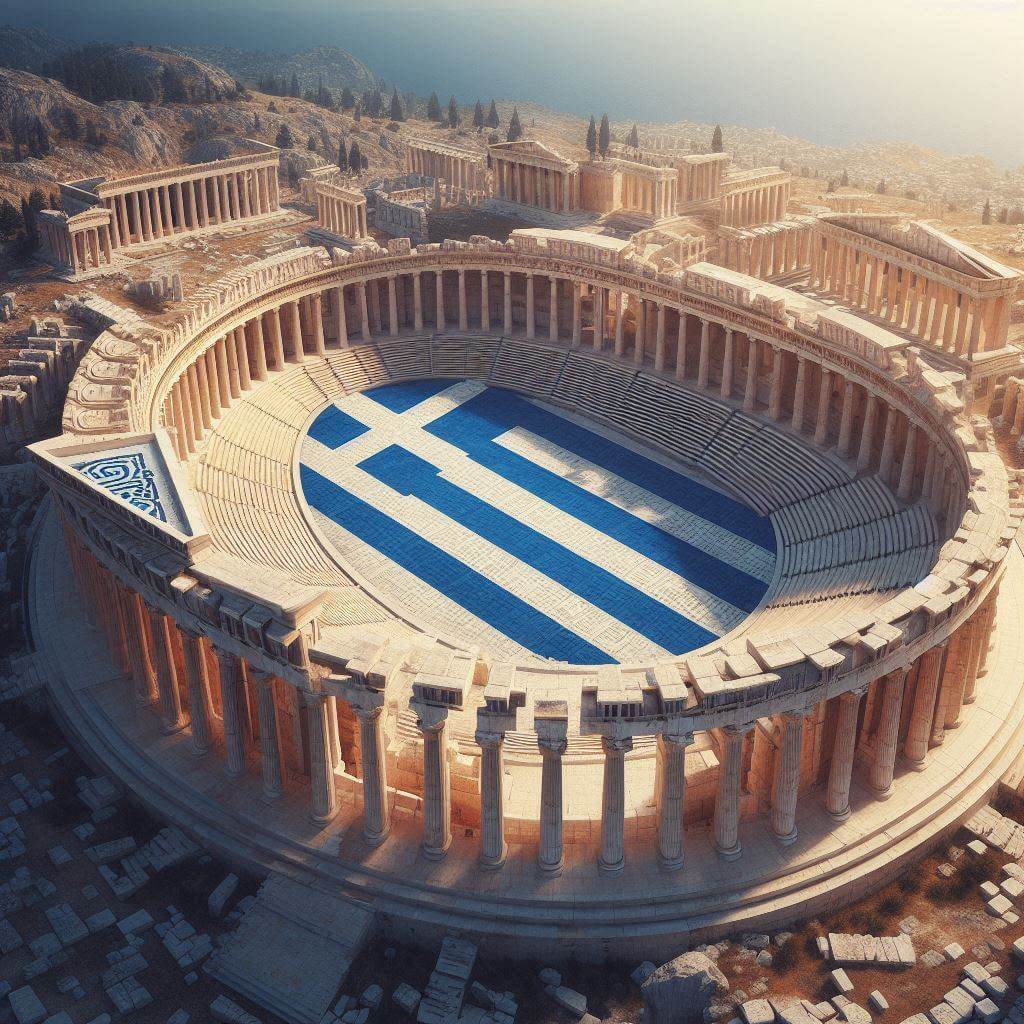 Ancient Greek temple with a subtle Greek flag-inspired pattern