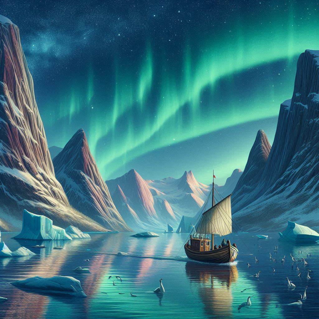 Serenity of a Greenlandic fjord under the Northern Lights