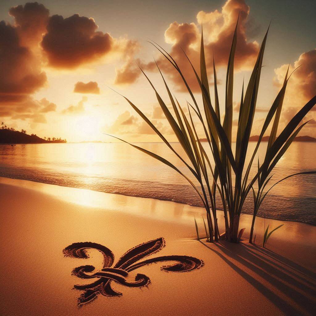 Representación sutil del patrimonio cultural de Guadalupe en una tranquila playa caribeña al atardecer