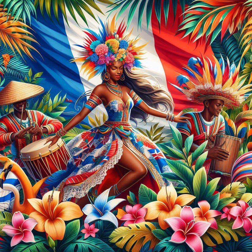 Vibrant representation of Guadeloupe's cultural heritage at a traditional festival, blending Caribbean and French influences