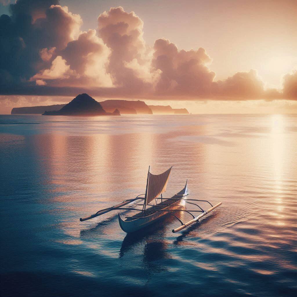 A serene ocean view with a traditional Chamorro outrigger canoe sailing in the distance, symbolizing Guam's seafaring culture and connection to the sea