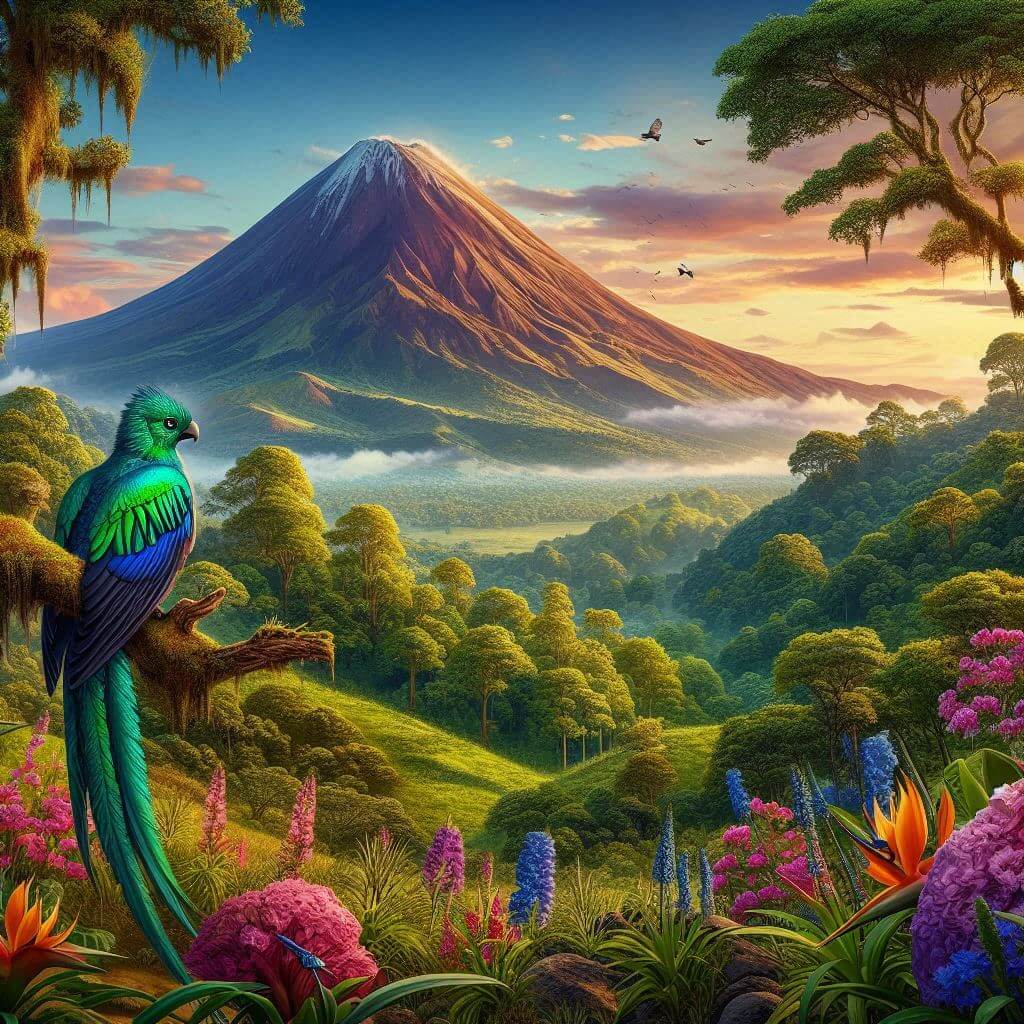 Paisaje vibrante de Guatemala con un quetzal, simbolizando el orgullo nacional y la belleza natural