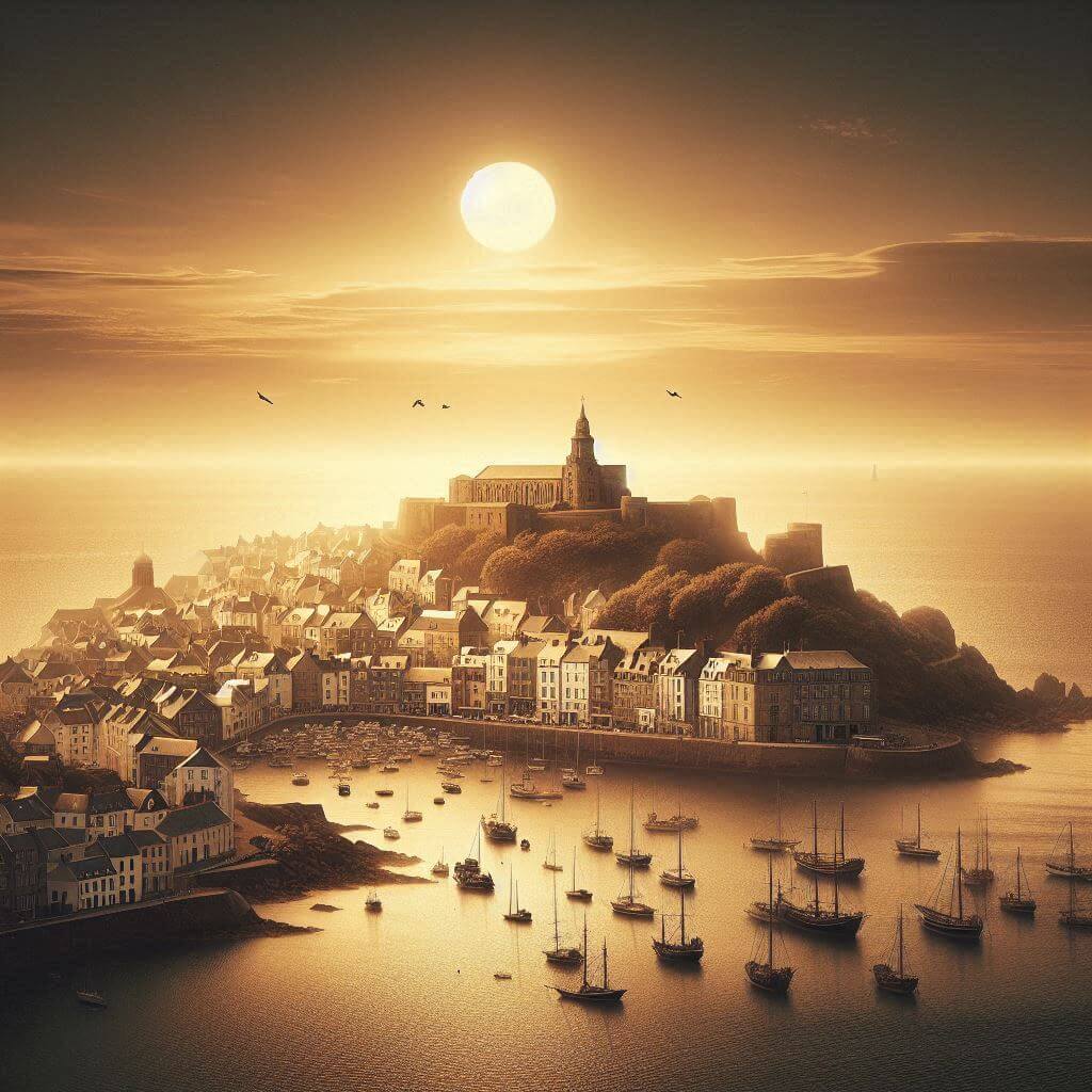 Escena de puerto tranquilo en St. Peter Port, Guernsey, con una cálida luz dorada