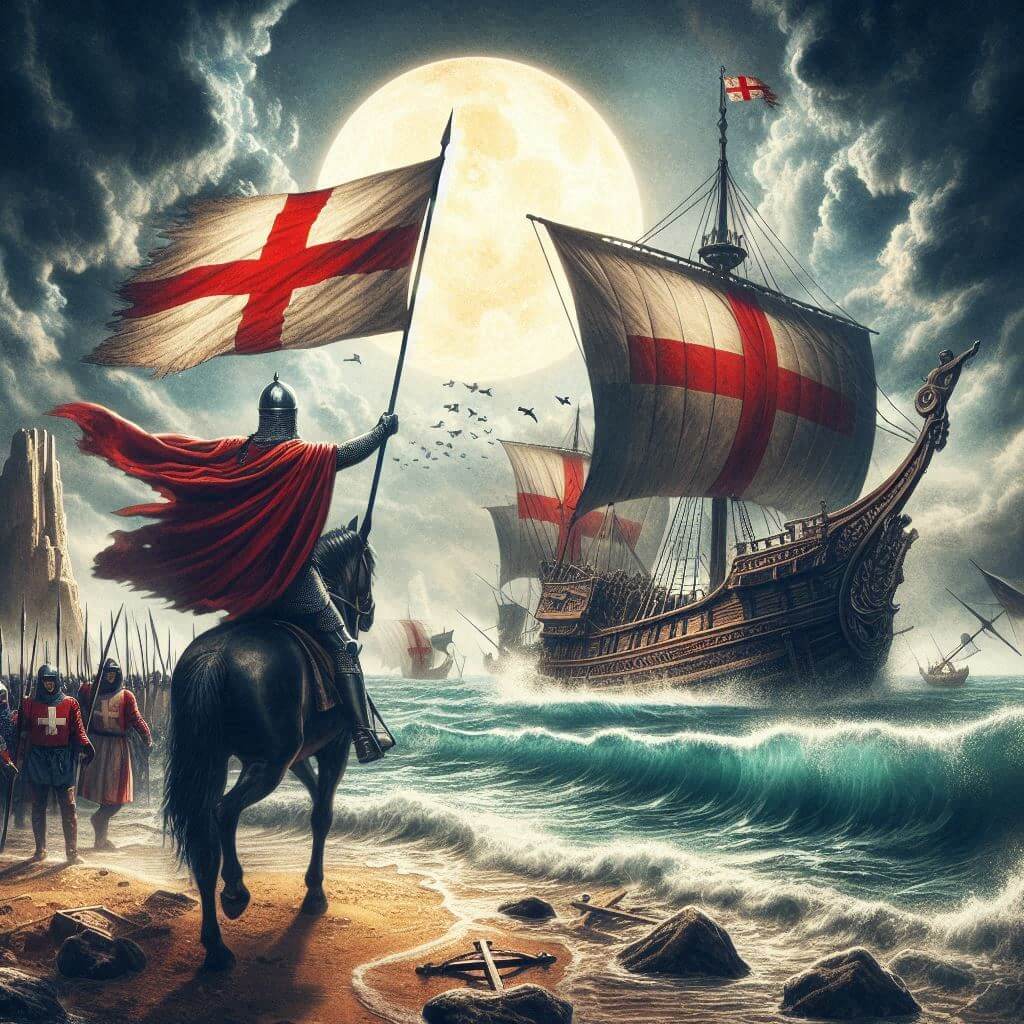 Recreación histórica de la llegada de Guillermo el Conquistador a Guernsey, con un barco normando y la cruz roja de San Jorge en el fondo