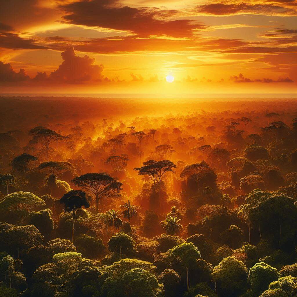 Vibrant sunset over Guyana's lush forests, symbolizing the country's rich natural heritage and cultural diversity.