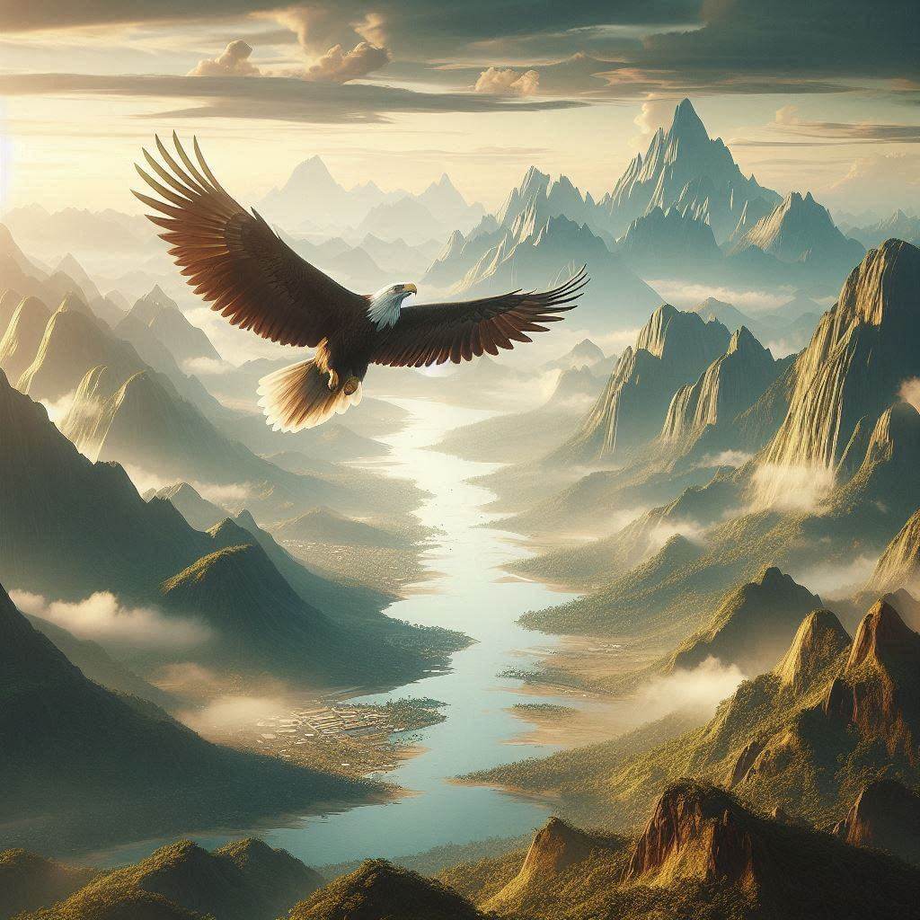 Águila majestuosa en vuelo, sobrevolando el accidentado terreno de Guyana, simbolizando las aspiraciones del país para el futuro y su celo por el desarrollo y el progreso.