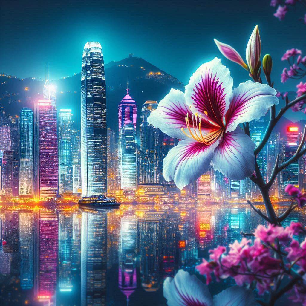 Waterfront cityscape with <b>Bauhinia blakeana</b> flower in bloom