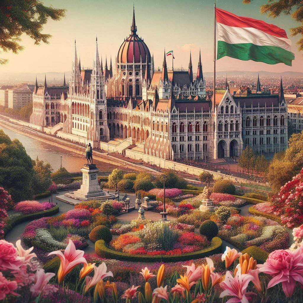 Majestic view of the Hungarian Parliament Building with the tricolor flag waving in the wind