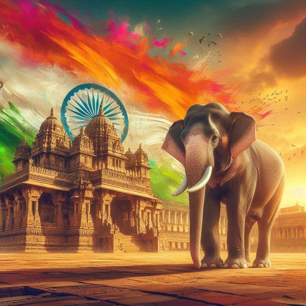 Majestic elephant in front of an ancient Indian temple during sunset, symbolizing India's rich cultural heritage and diversity