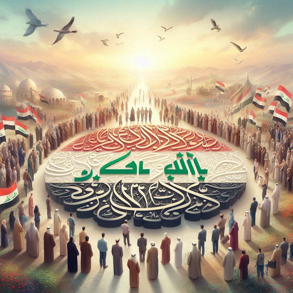 Vibrant illustration of a diverse group of Iraqi people celebrating national unity and cultural identity through traditional Arabic calligraphy