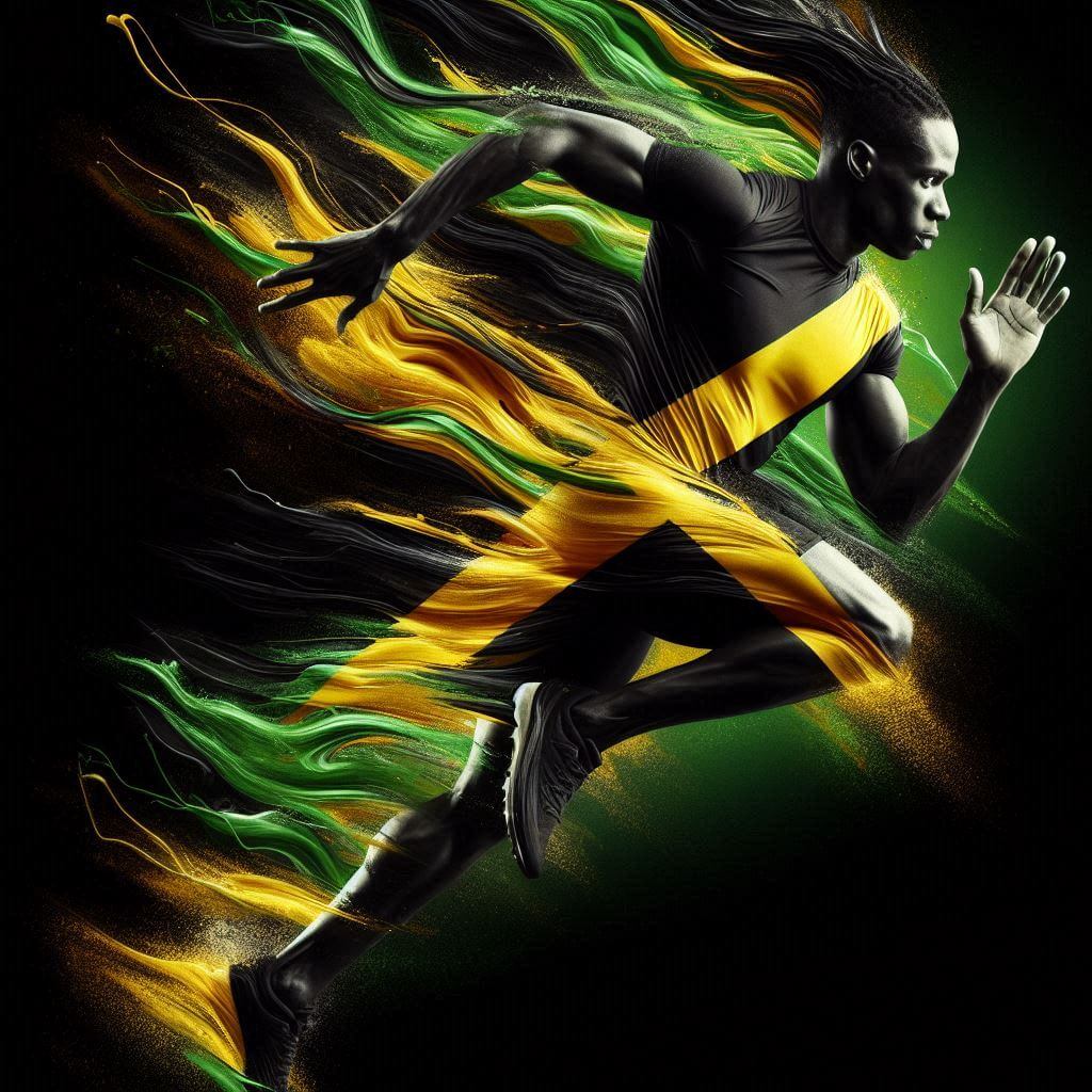 Jamaican athlete in motion, surrounded by the national colors, capturing strength and national pride