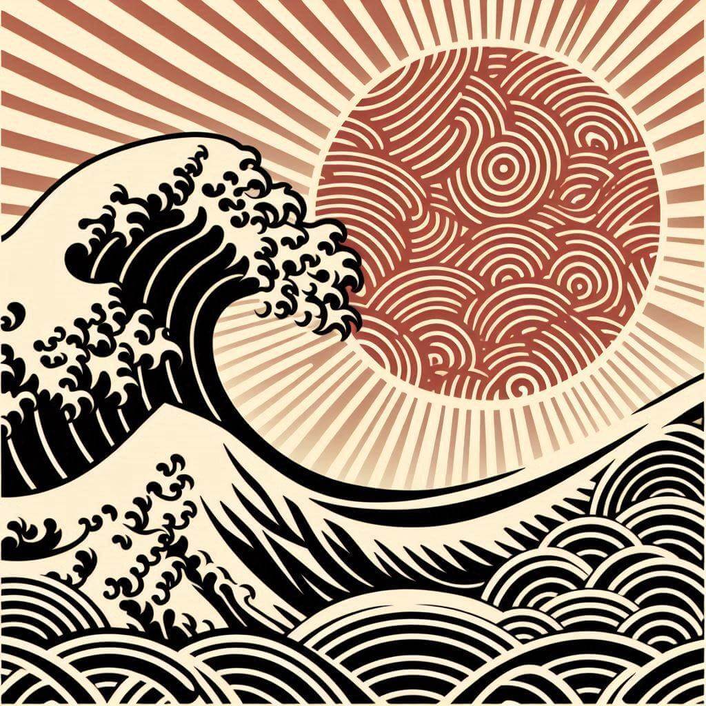 Stylized traditional Japanese wave pattern with subtle sun motifs, reflecting Japanese aesthetics.