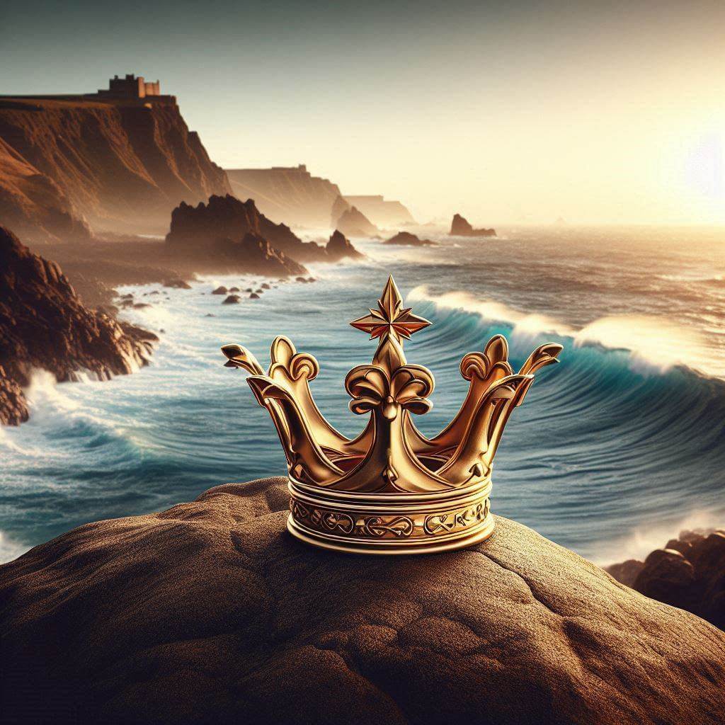 Stylized golden crown on a windswept coastal cliff, symbolizing Jersey's unique status as a Crown Dependency and its connection to the British monarchy.