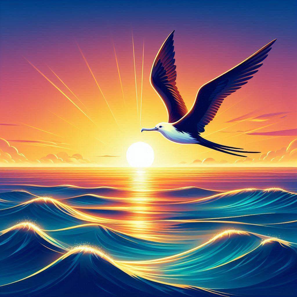 Ave fragata volando sobre el horizonte del océano al amanecer