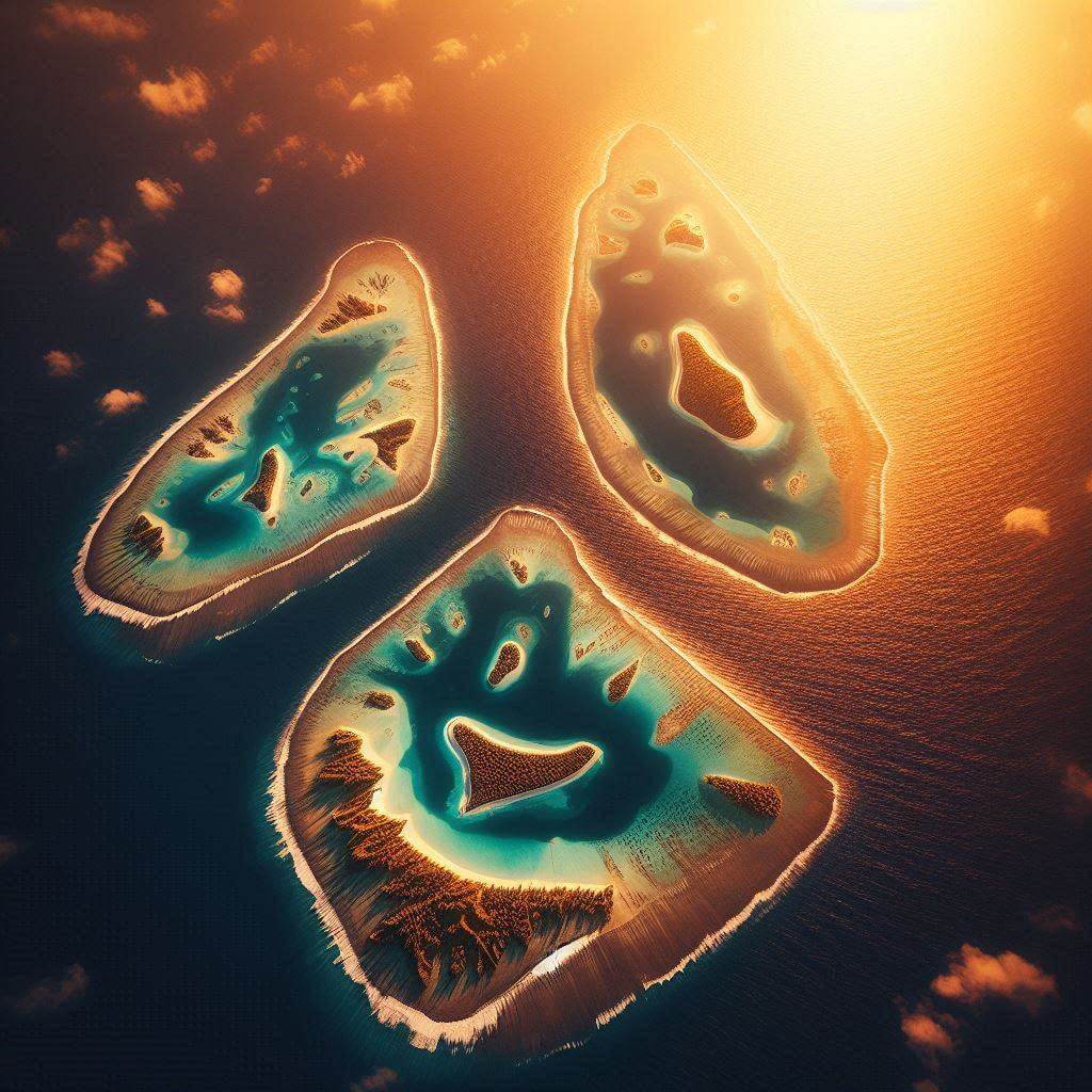 Vista aérea de los tres principales grupos de islas de Kiribati rodeados por el Océano Pacífico