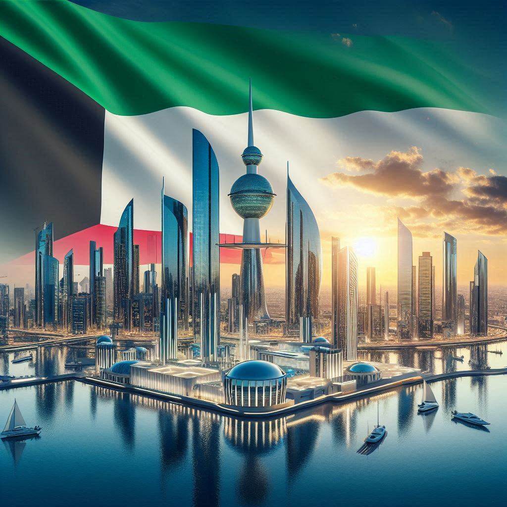 Kuwait City's modern skyline at sunset, symbolizing prosperity and growth