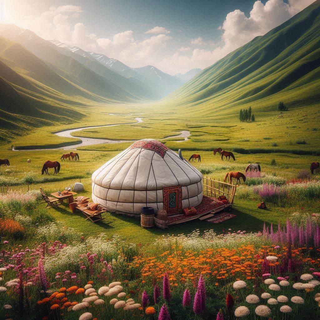 A serene Kyrgyz yurt in a picturesque valley, surrounded by nature and symbolizing the country's rich cultural heritage.