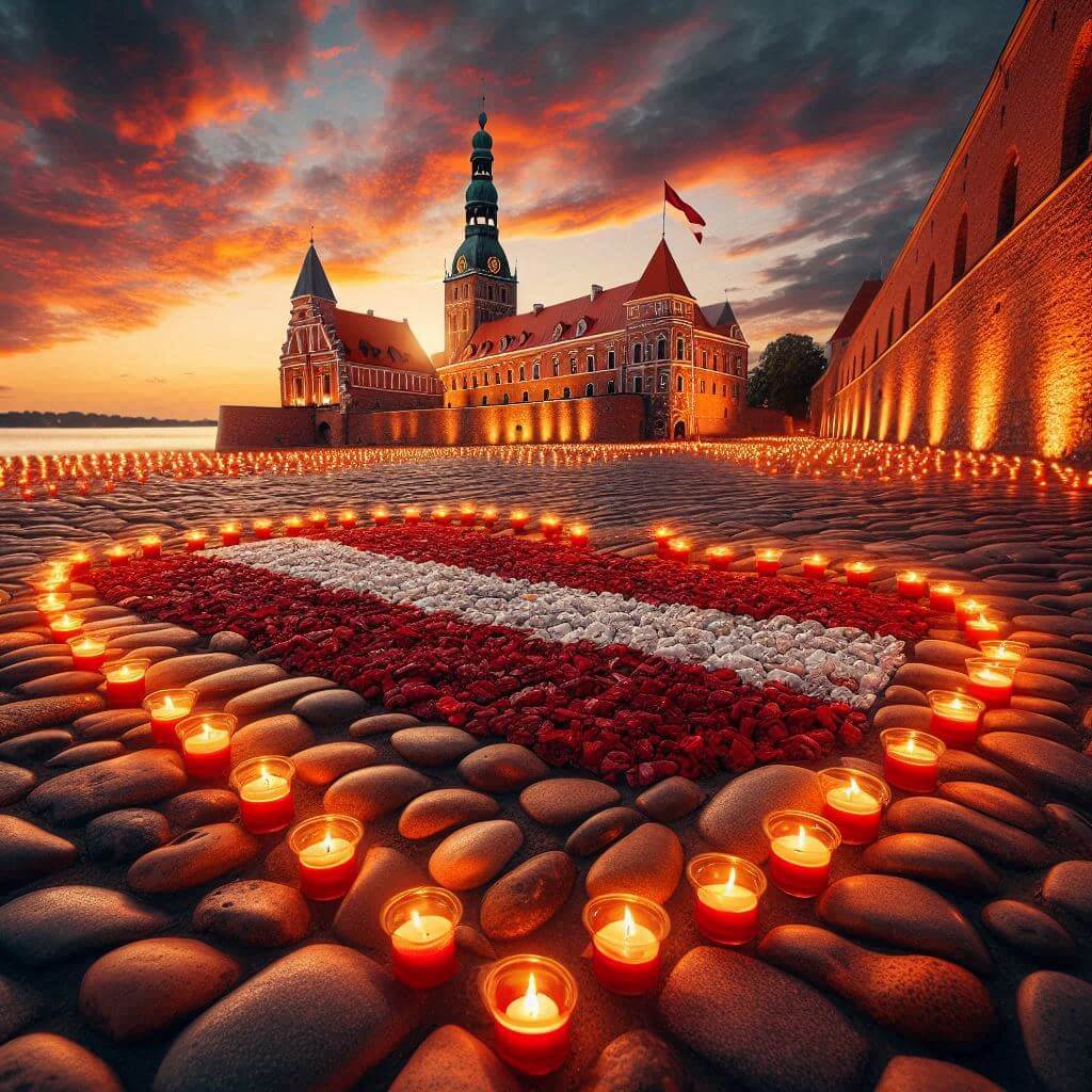 Candles forming the Latvian flag at Riga Castle, symbolizing national identity and freedom.