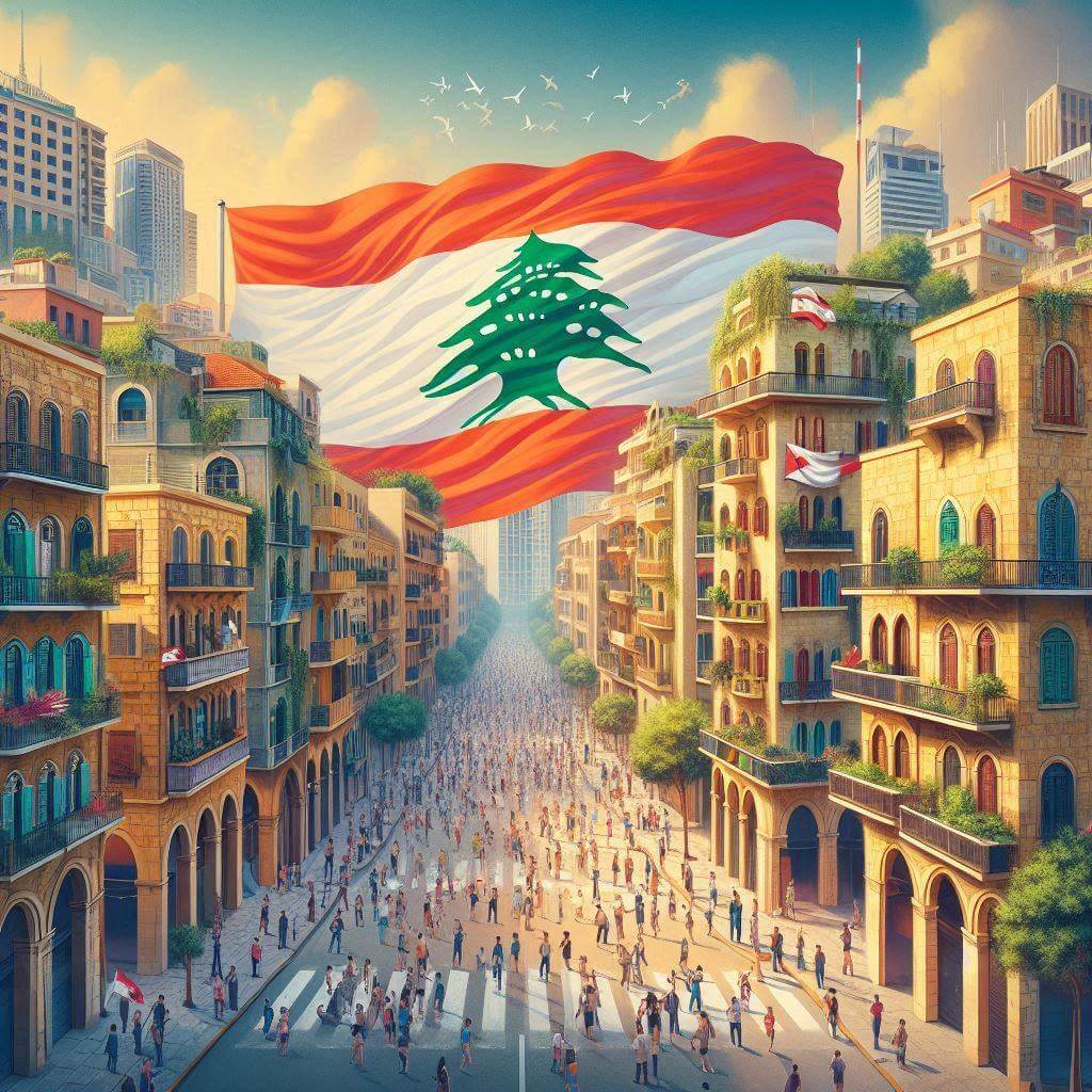 Vibrant street scene in Beirut, featuring a large, waving Lebanese flag, surrounded by diverse people celebrating national pride and unity