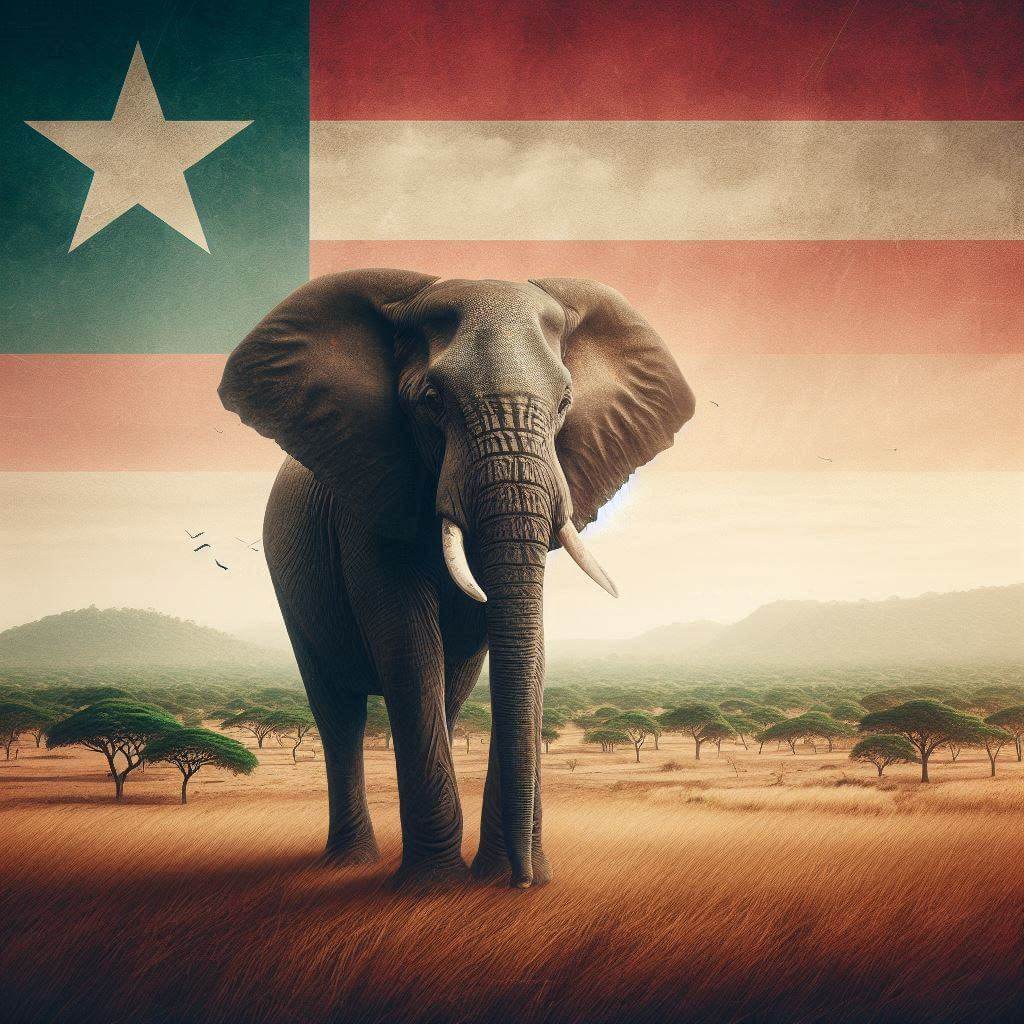 An African elephant standing in a West African savannah landscape, symbolizing Liberia's strength and resilience