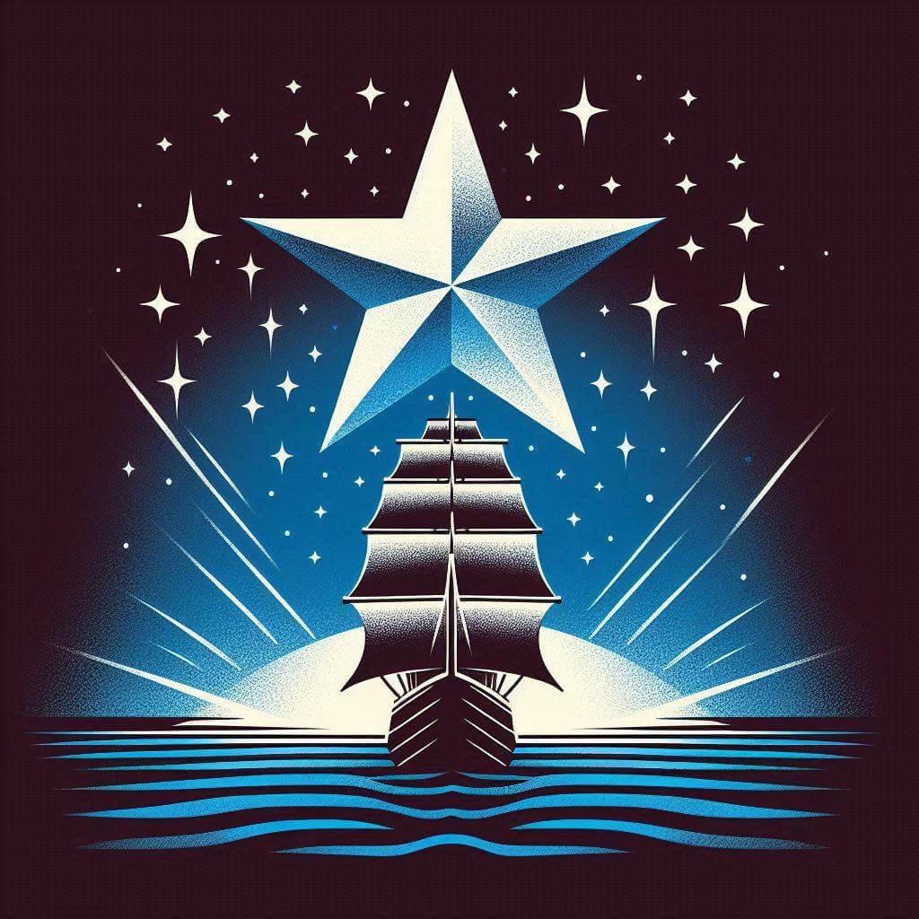 A stylized illustration of a ship sailing towards the horizon, with a Liberian star shining brightly in the night sky