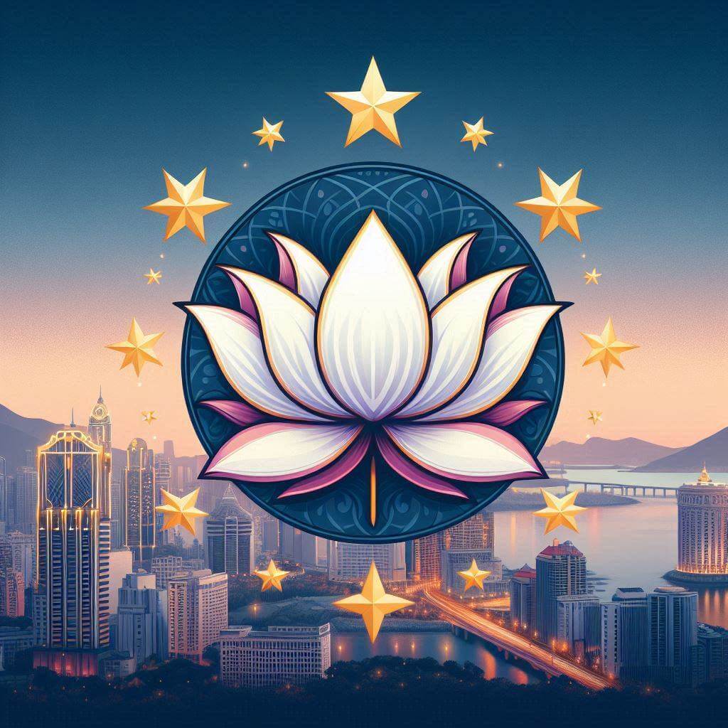 Vibrant illustration of a lotus flower and golden stars, symbolizing Macao's harmony, cultural heritage, and connection to China