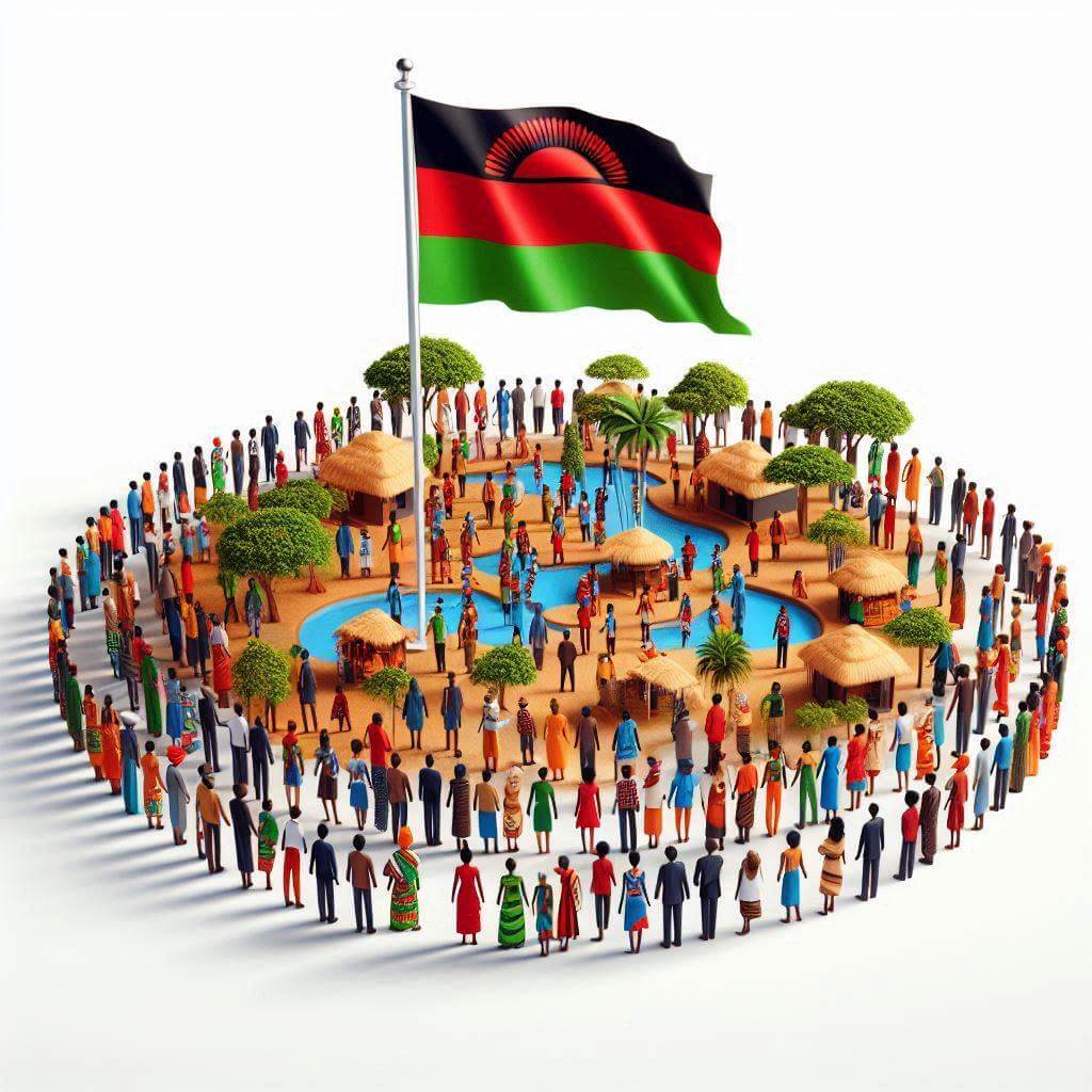 Vibrant depiction of a Malawian village, showcasing national unity and cultural diversity