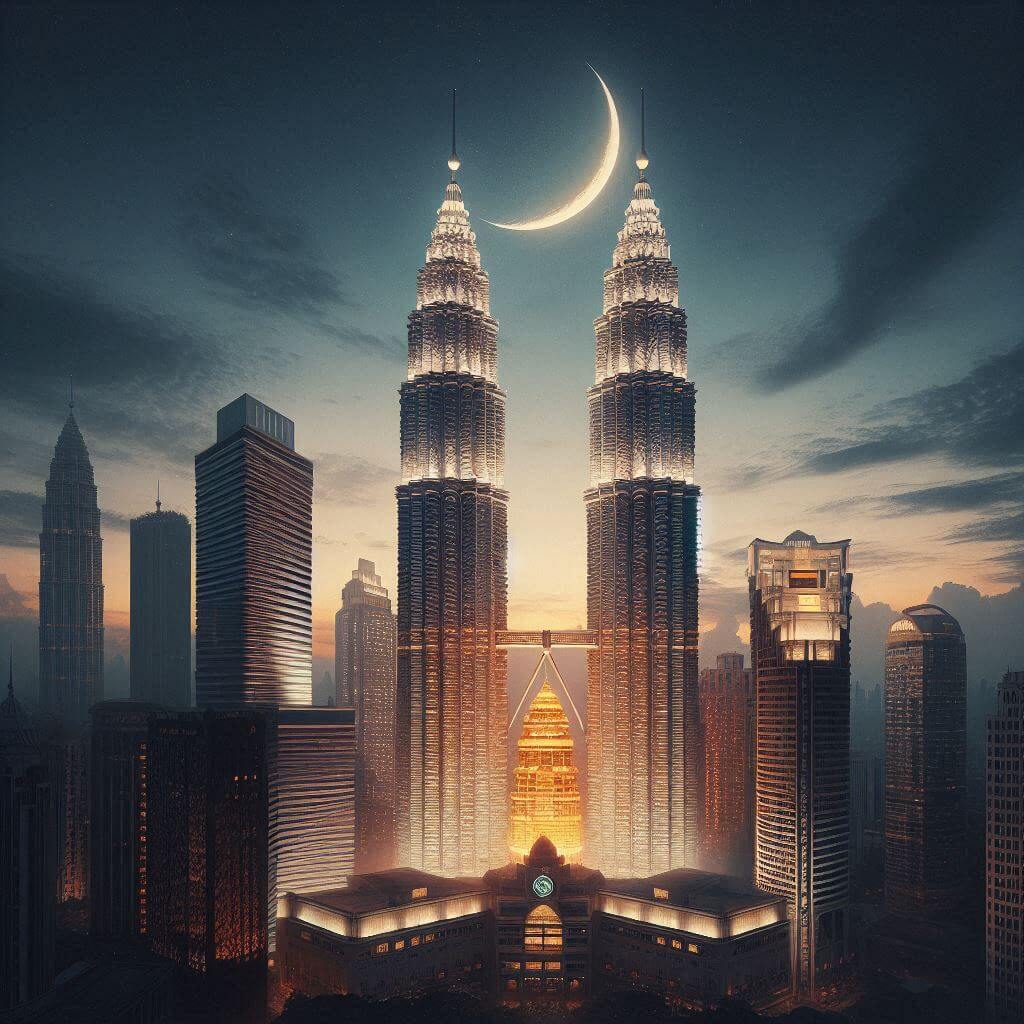 Petronas Twin Towers with a crescent moon in the background, representing Malaysia's cultural diversity