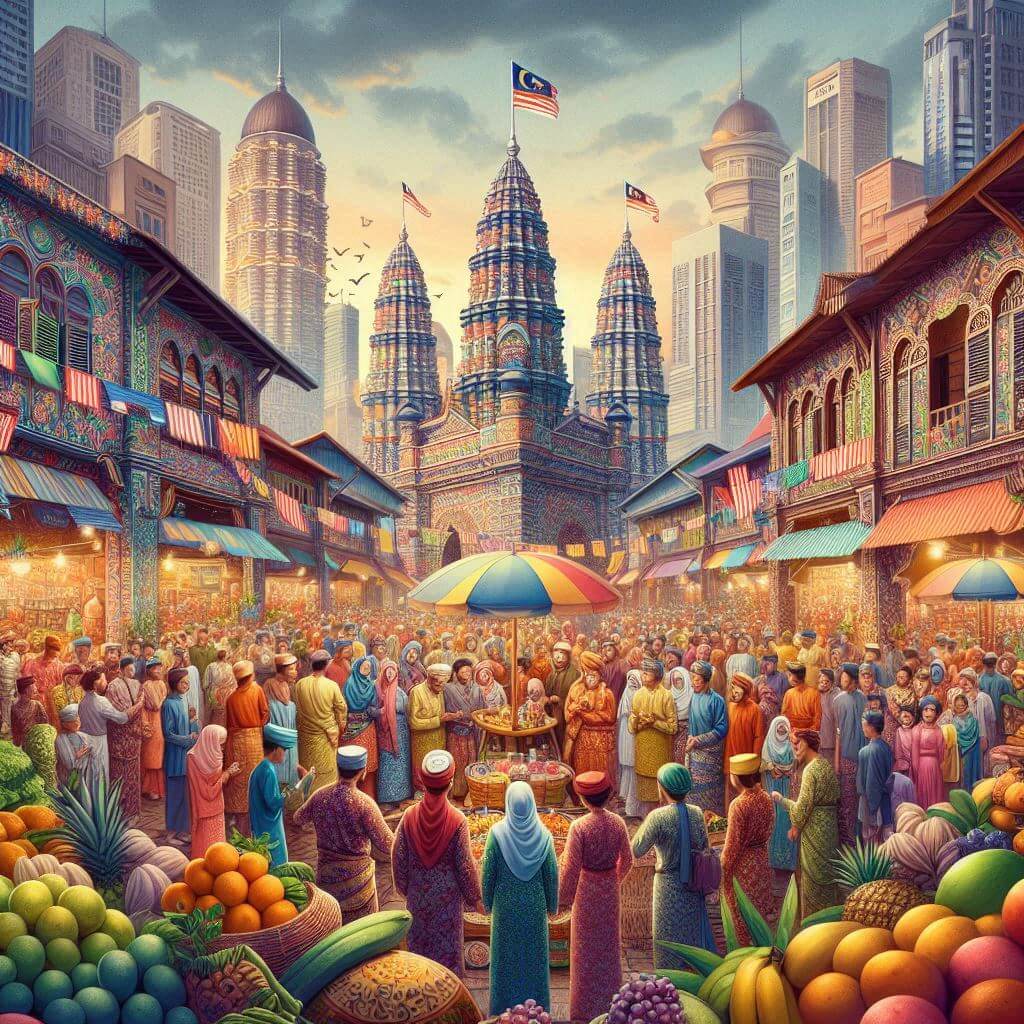 Vibrant Malaysian market scene, representing the country's diverse cultural heritage and unity