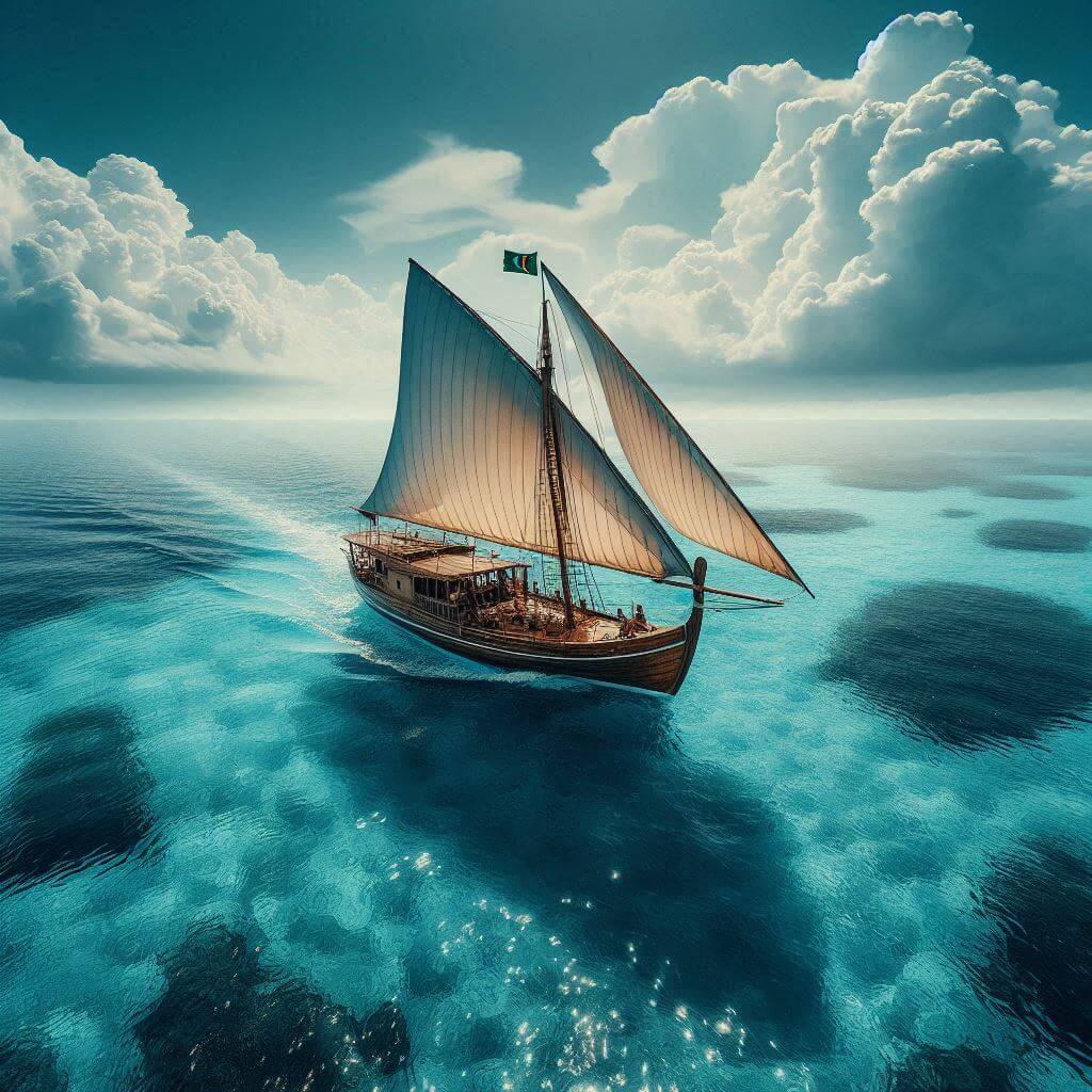 Escena vibrante en las calles de Malé con edificios coloridos, bailarines animados y banderas maldivas ondeando