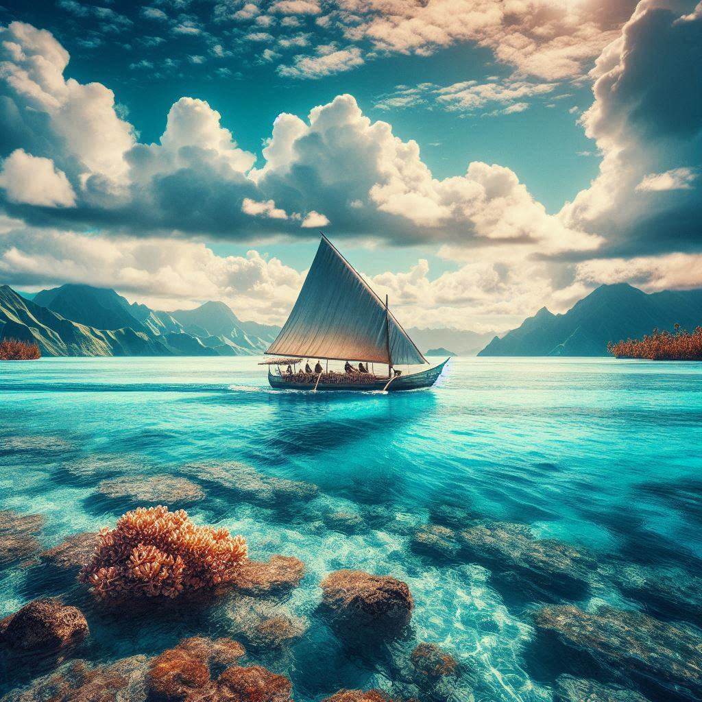 Escena serena de una canoa tradicional Marshallese navegando por el Océano Pacífico