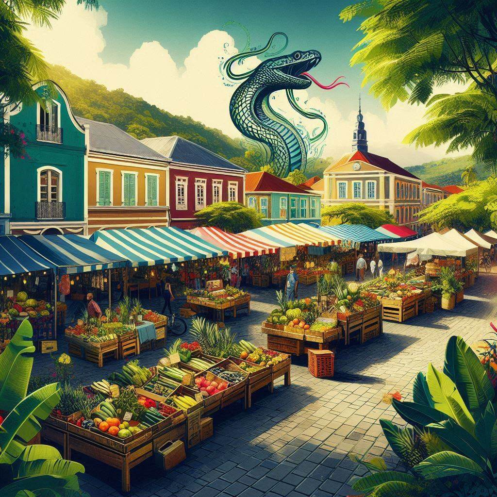 Escena vibrante de un mercado en Fort-de-France, Martinica, mostrando la cultura local