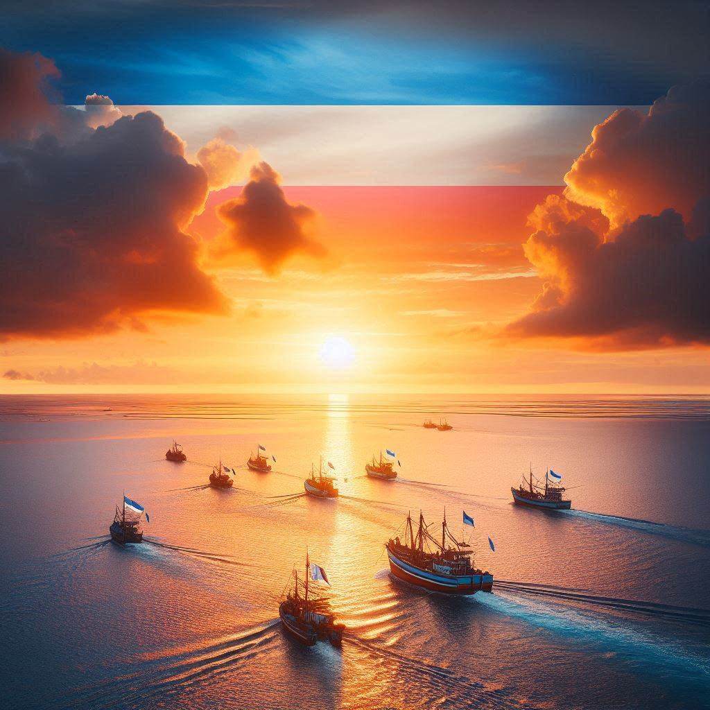 Vibrant sunrise over the Indian Ocean, highlighting Mauritius's maritime heritage